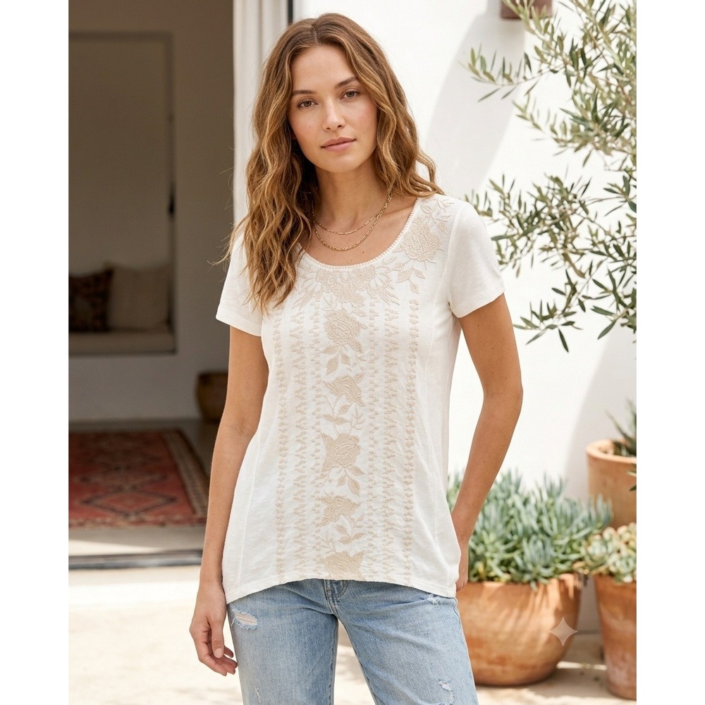 JWLA Johnny Was White & Cream Embroidered Cotton High Low Tee Shirt Womens XS